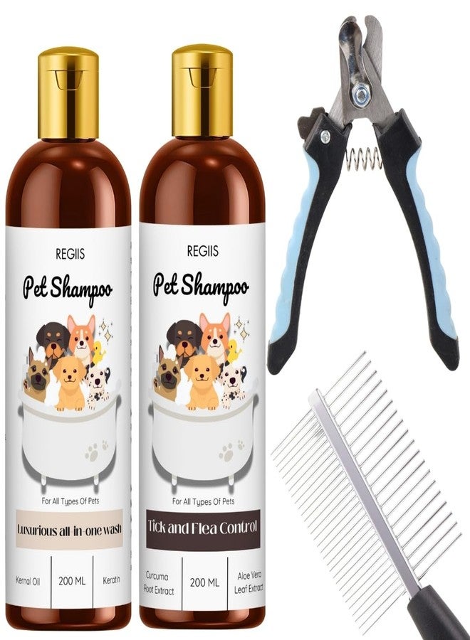 مجموعة ريجيس للعناية بالحيوانات الأليفة مع مجموعة شامبو للكلاب، 2 × 200 مل تركيبة غسيل شاملة ومكافحة القراد، مقص أظافر معدني، مشط (عبوة من 4 قطع) - Image 1